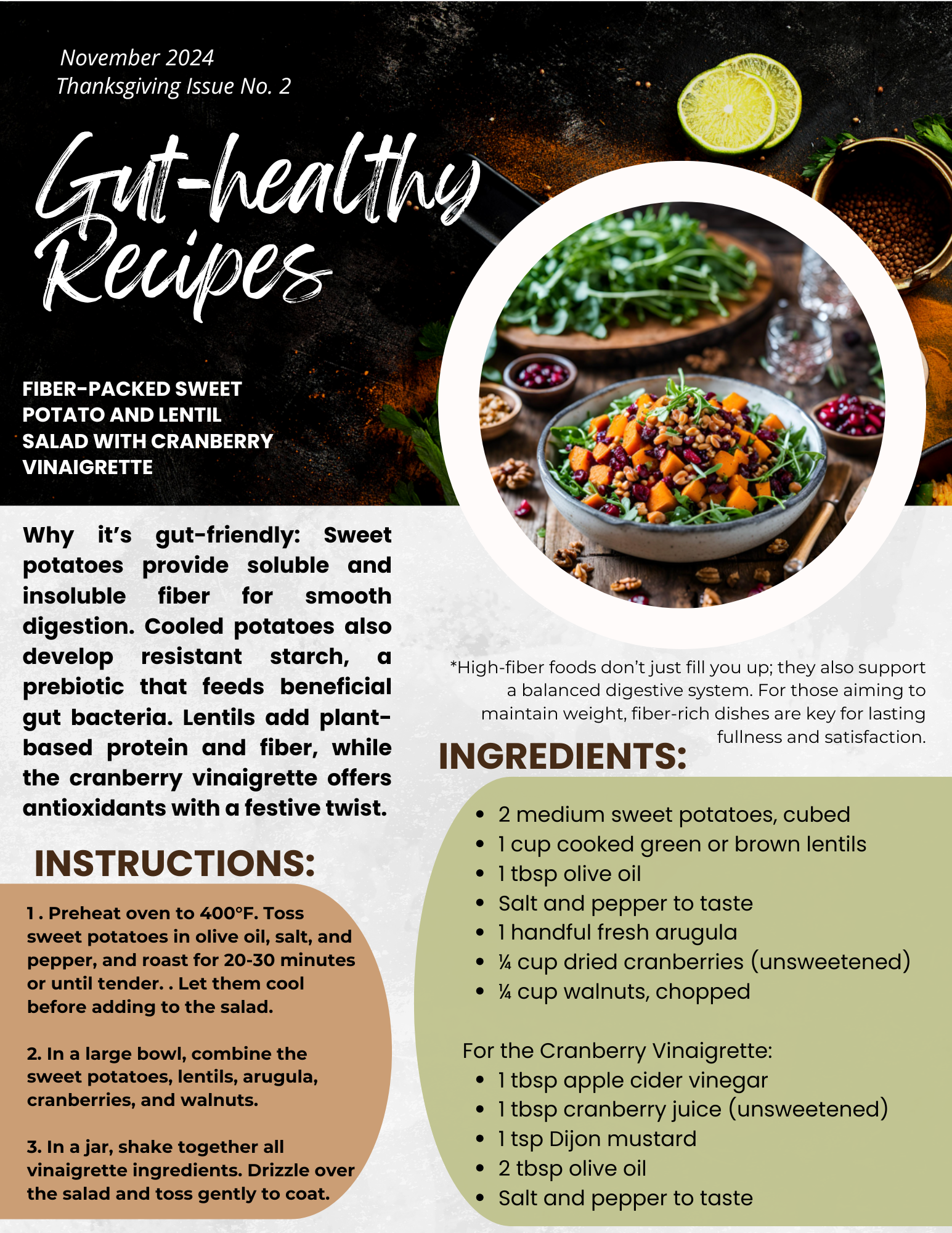 Gut-healthy Thanksgiving Recipes for Fiber-packed foods: sweet potato and lentil salad with cranberry viniaigrette