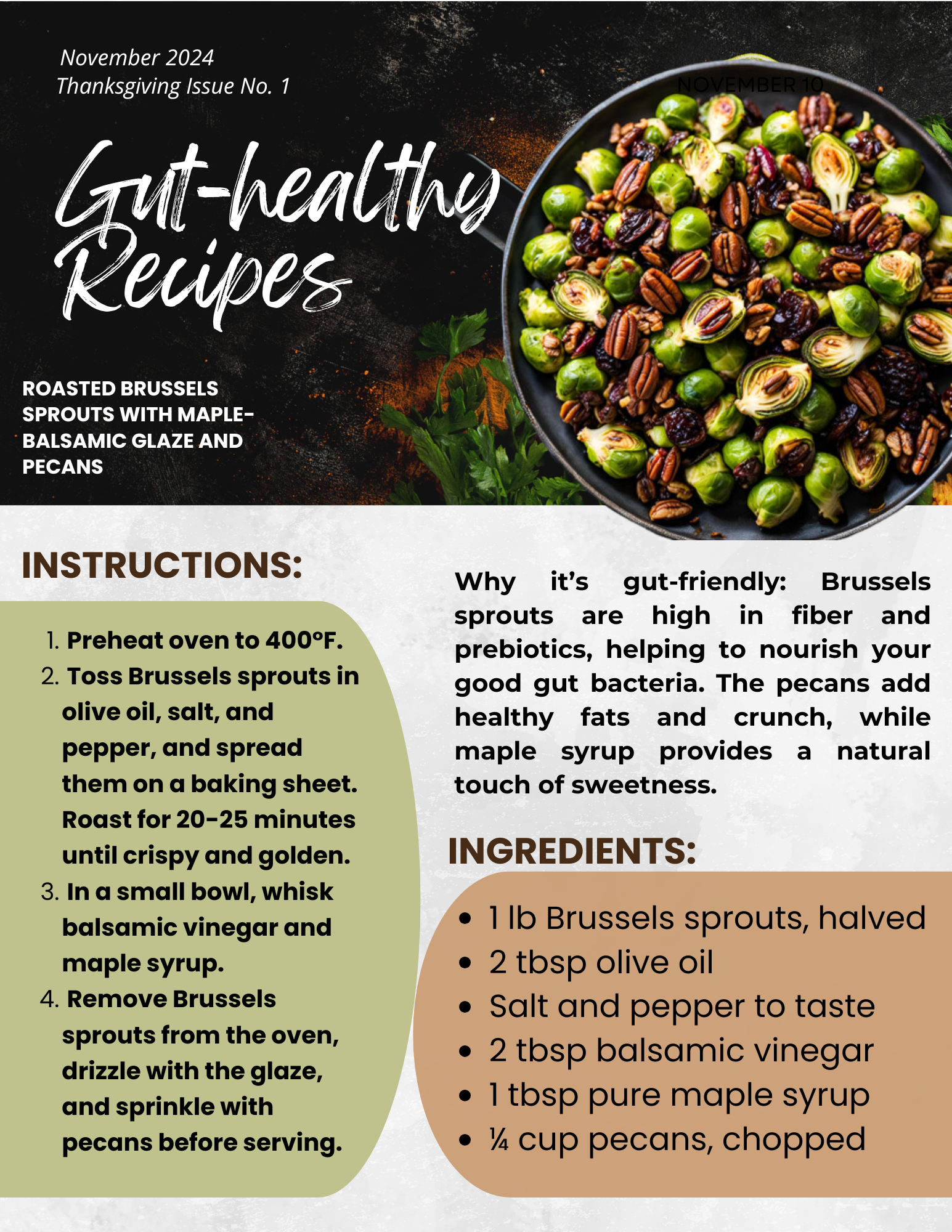 Gut-healthy Recipe: packed with fiber and prebiotics. Roasted Brussels sprouts with maple-balsamic glaze and pecans